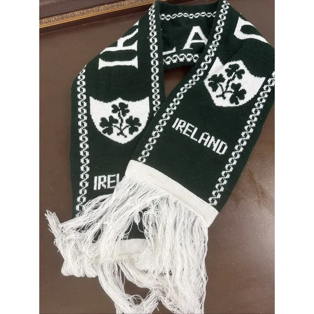 Ireland Shamrock Celtic Knit Scarf Green White Heavy Winter Fringe Souvenir